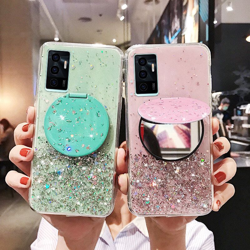 Phone case VIVO V23E Shiny Ring Case Glitter Soft Transparent Makeup Mirror Cases For VIVO V23E Back Cover Stars Moon Girls