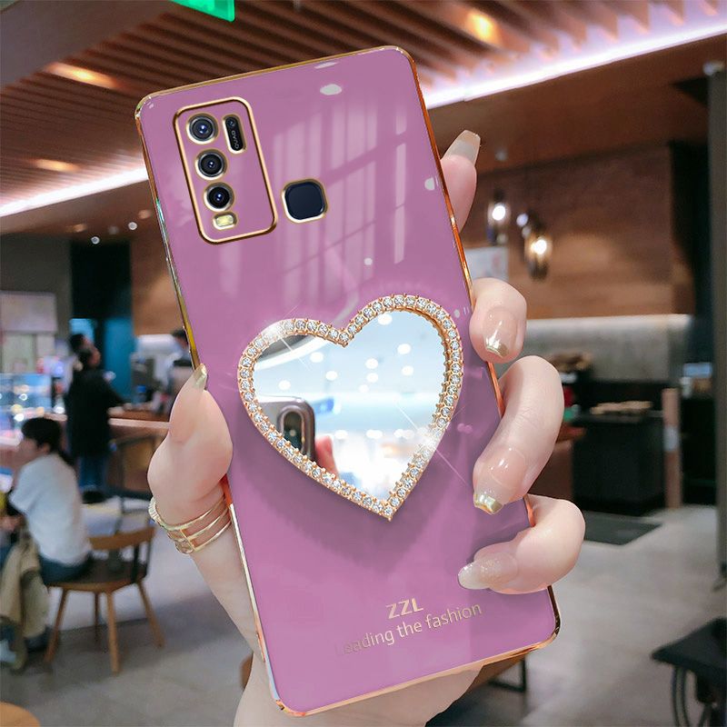 For Vivo Y50 Cover with Makeup Mirror Shiny Plating Square Bumper Girls Phone Case Soft TPU Silicone Shockproof Protective Back Cover
