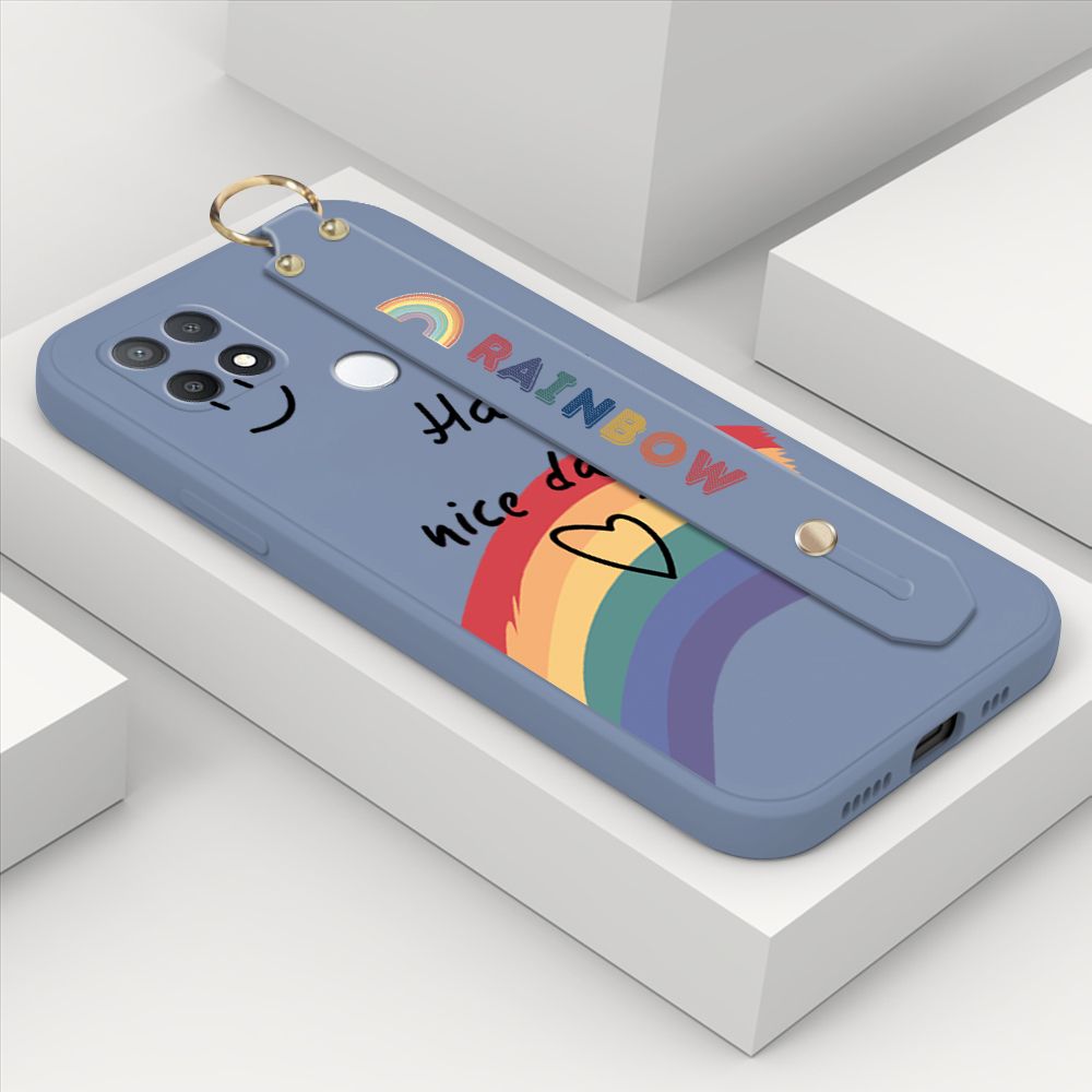 ZeroQiQi for OPPO A15S Wrist Strap Case Lovely Graffiti Rainbow Smile Thin Phone Cover Square Edge Liquid Silicone Creativity Phone Case