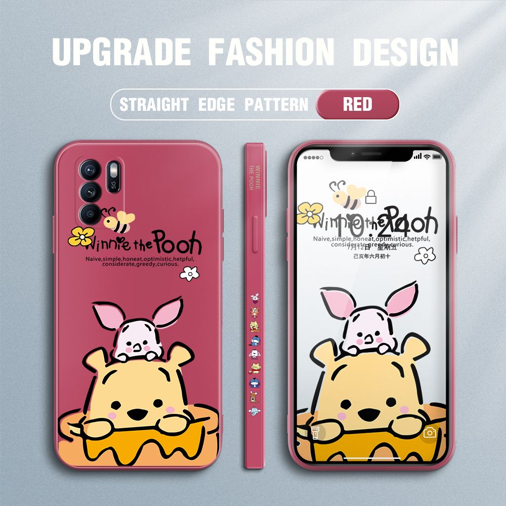Jizetin for OPPO Reno6 Z 5G Case Side Design Phone Cover Lovely Cartoon Pooh Bear Cover Square Edge Pattern Liquid Silicone Trend Case
