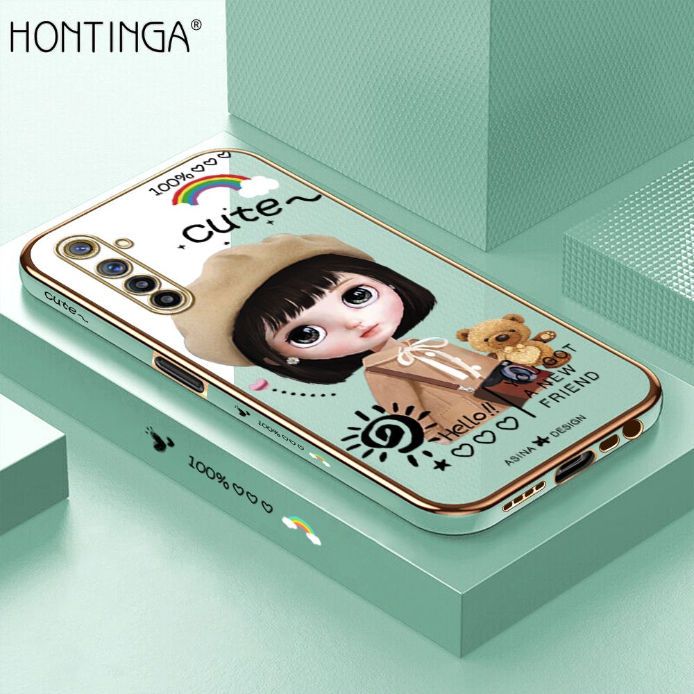 Hontinga for Realme 6 / Narzo Back Cover + Free Lanyard Luxury 6D Plating Cute Satchel Girl Side Pattern Case Soft Silicone Square Mobile Cover