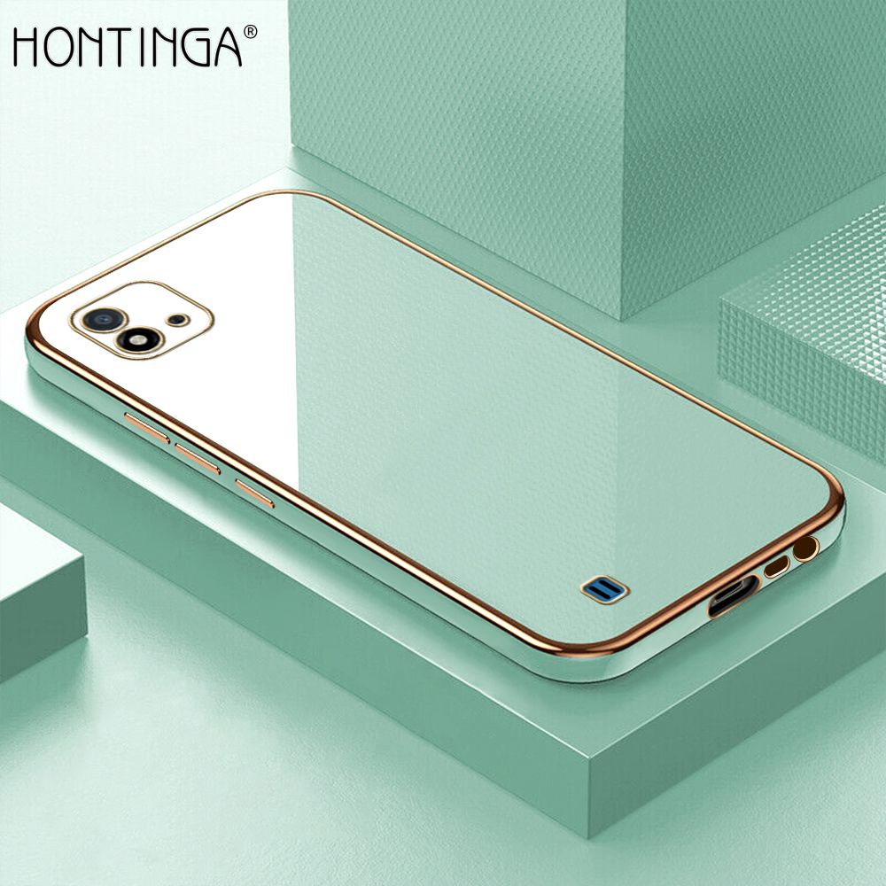 Hontinga for Realme C20 / C20A / C11 2021 Case + Free Lanyard Luxury 6D Plating Soft Back Cover Silicone Square Frame Shiny Bling Phone Cover