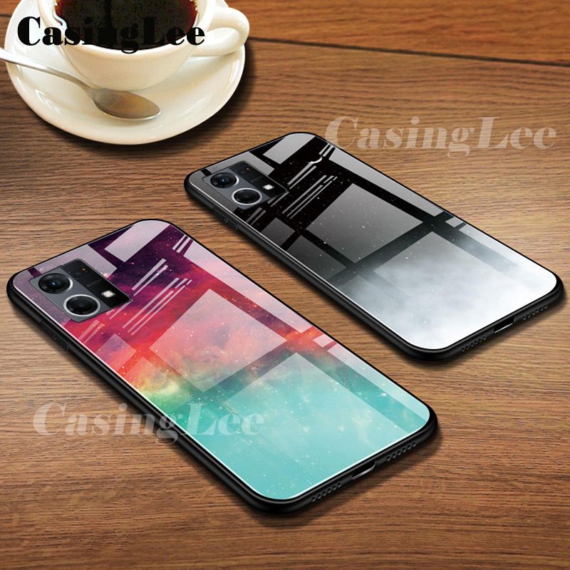 For OPPO F21 Pro case Tempered Glass Protector Phone Cases Starry Sky Couple Phone Back cover Casing hp for OPPO Reno7 4G Mirror Glass
