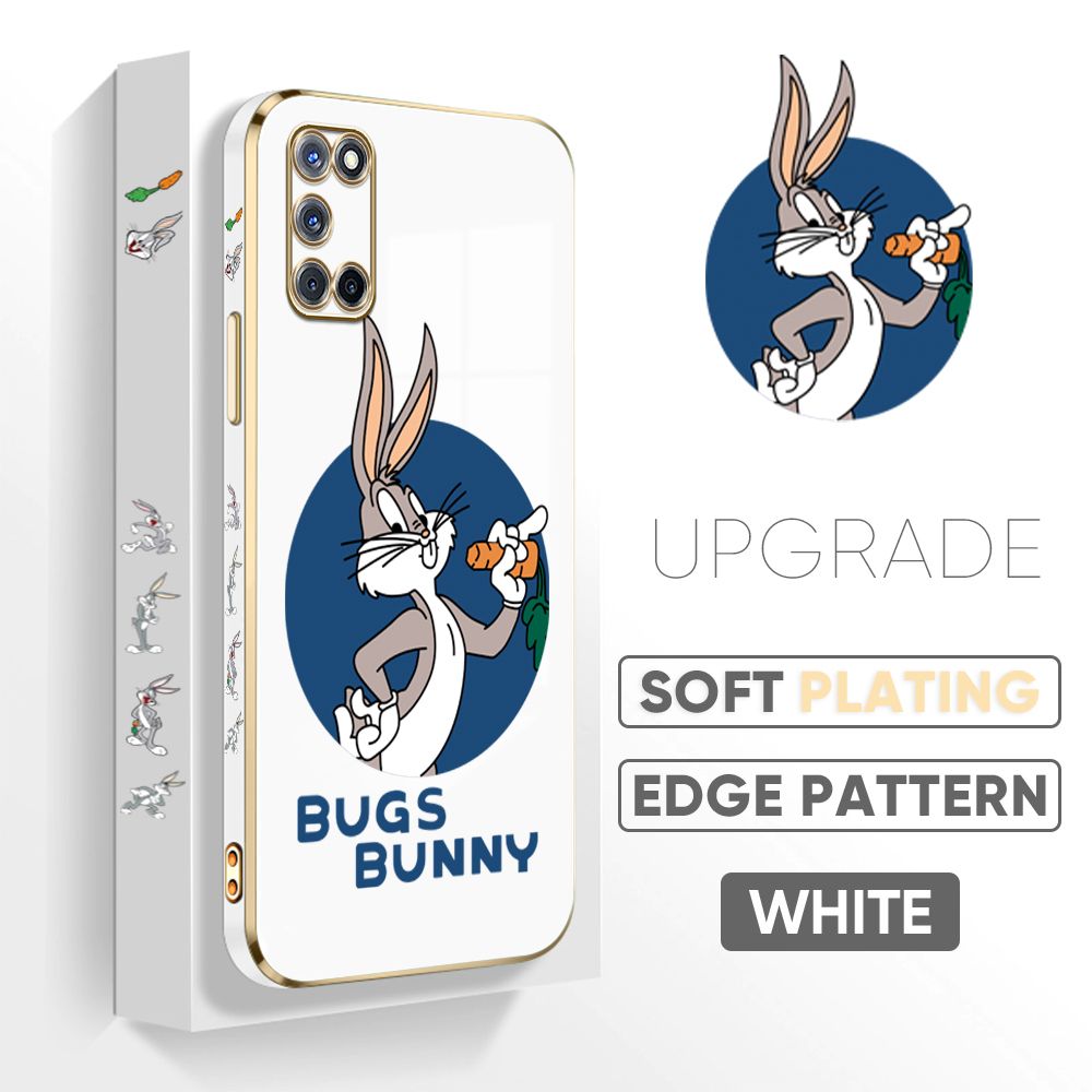 Jizetin (Free Lanyard) OPPO A52 / A92 Back Cover Anime Rabbit Luxury 6D Plating Case Side Pattern Soft Silicone Square Mobile Phone Cases