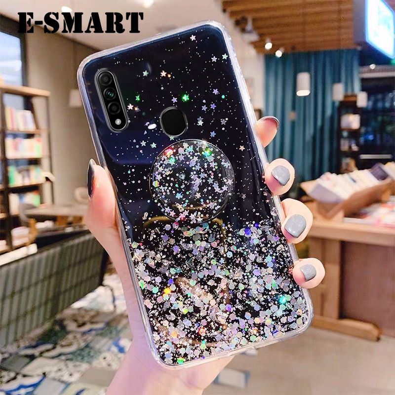 Phone case OPPO A31 Back cover Shiny Ring Glitter Soft Transparent Holder Stand Back cover with String Glitter Space Stars Moon OPPO A31 Case