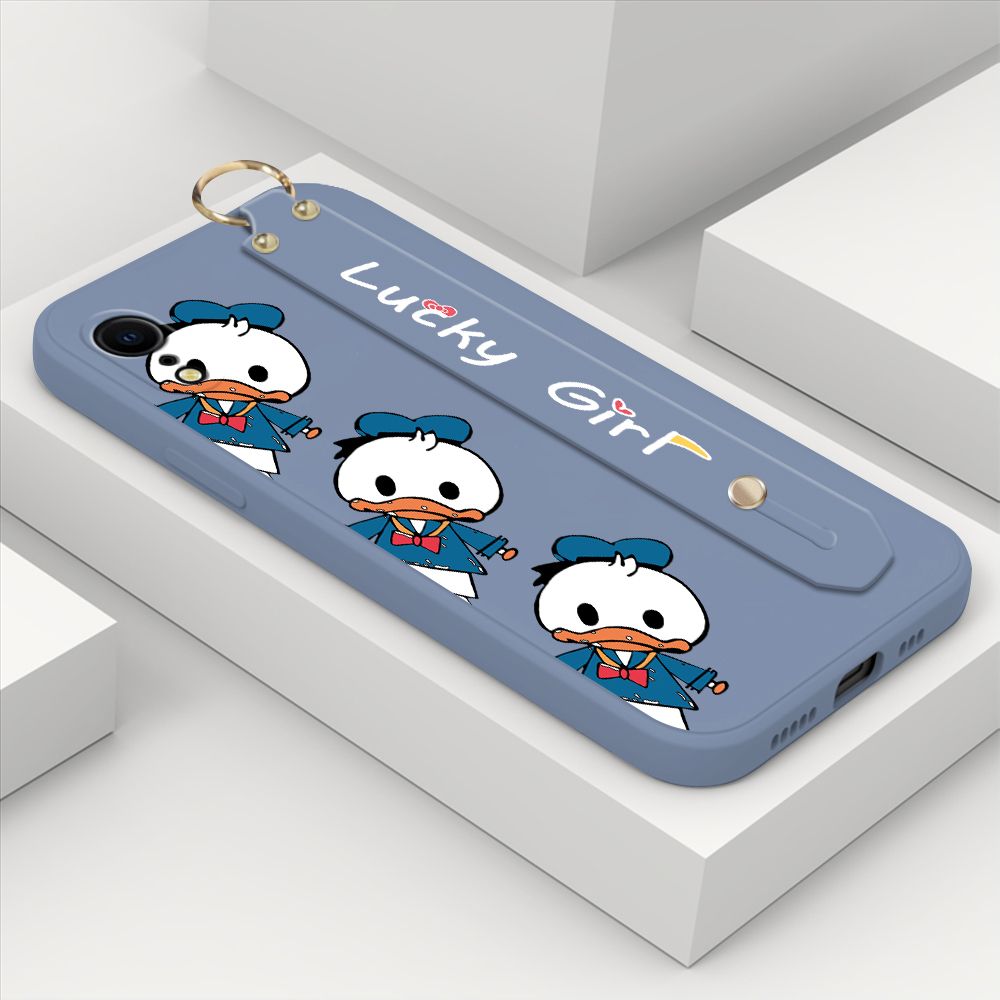 ZeroQiQi for iPhone XR Wrist Strap Case Cute Cartoon Little Duck Phone Case Square Edge Liquid Silicone Case Full Cover Camera Shockproof Protective Cases