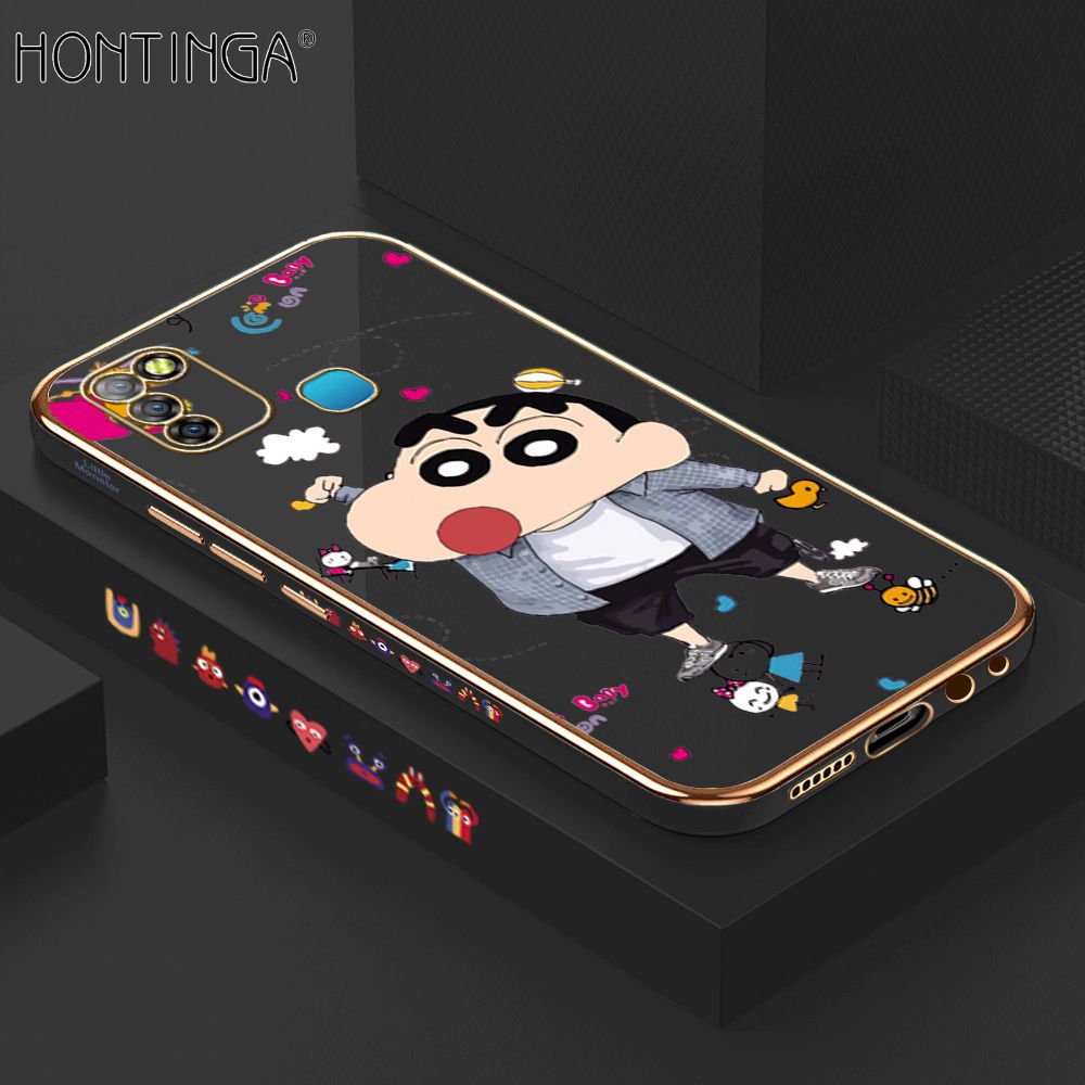 Hontinga for Infinix Smart 5 Back Cover + Free Lanyard Luxury 6D Plating Cartoon Crayon Shin-chan Side Pattern Case Soft Silicone Square Phone Cases