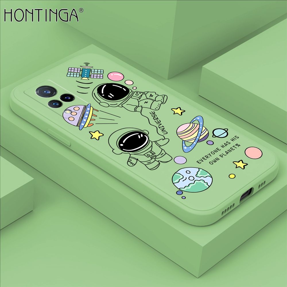 Hontinga for Vivo V21 5G Case Fashion Earth Planet Astronaut Phone Case Soft Square Edge Silicone Cases Full Lens Cover Shockproof Protection Cover
