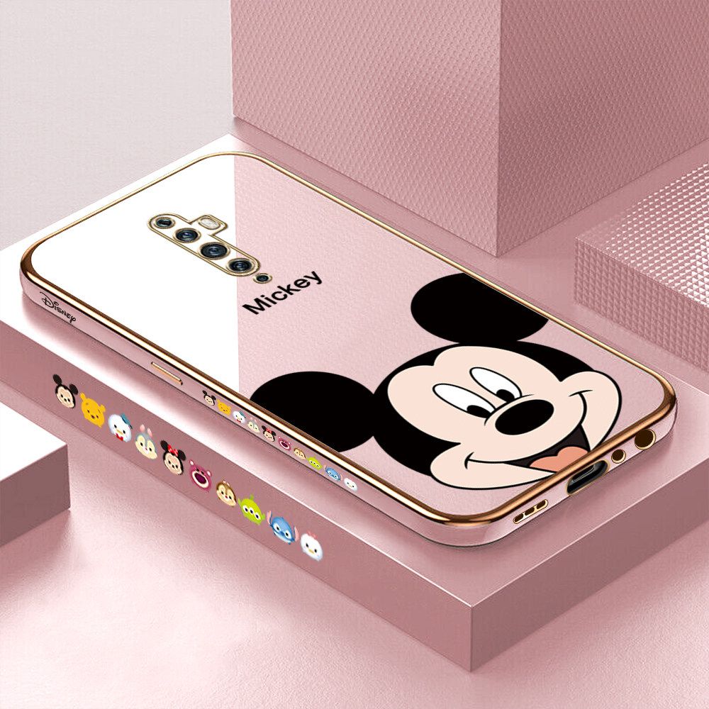 Luxury 6D Plating Soft Casing Silicone Square Frame Phone Case For OPPO Reno2 F Case Shiny Bling Back Cover Cartoon Big Head Mouse Square Edge Pattern Design Soft Case + Free Lanyard