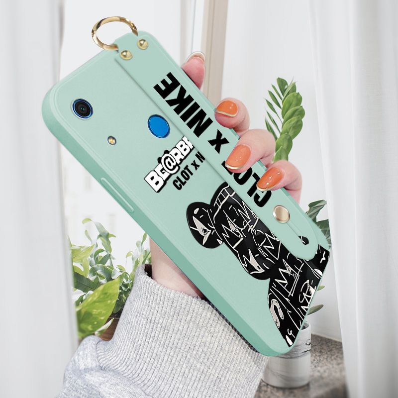 Jizetin for Huawei Y6S Wrist Strap Case Creative Cartoon Black Stitching Bear Cover Ultra Thin Anti Fall Liquid Silicone Phone Case