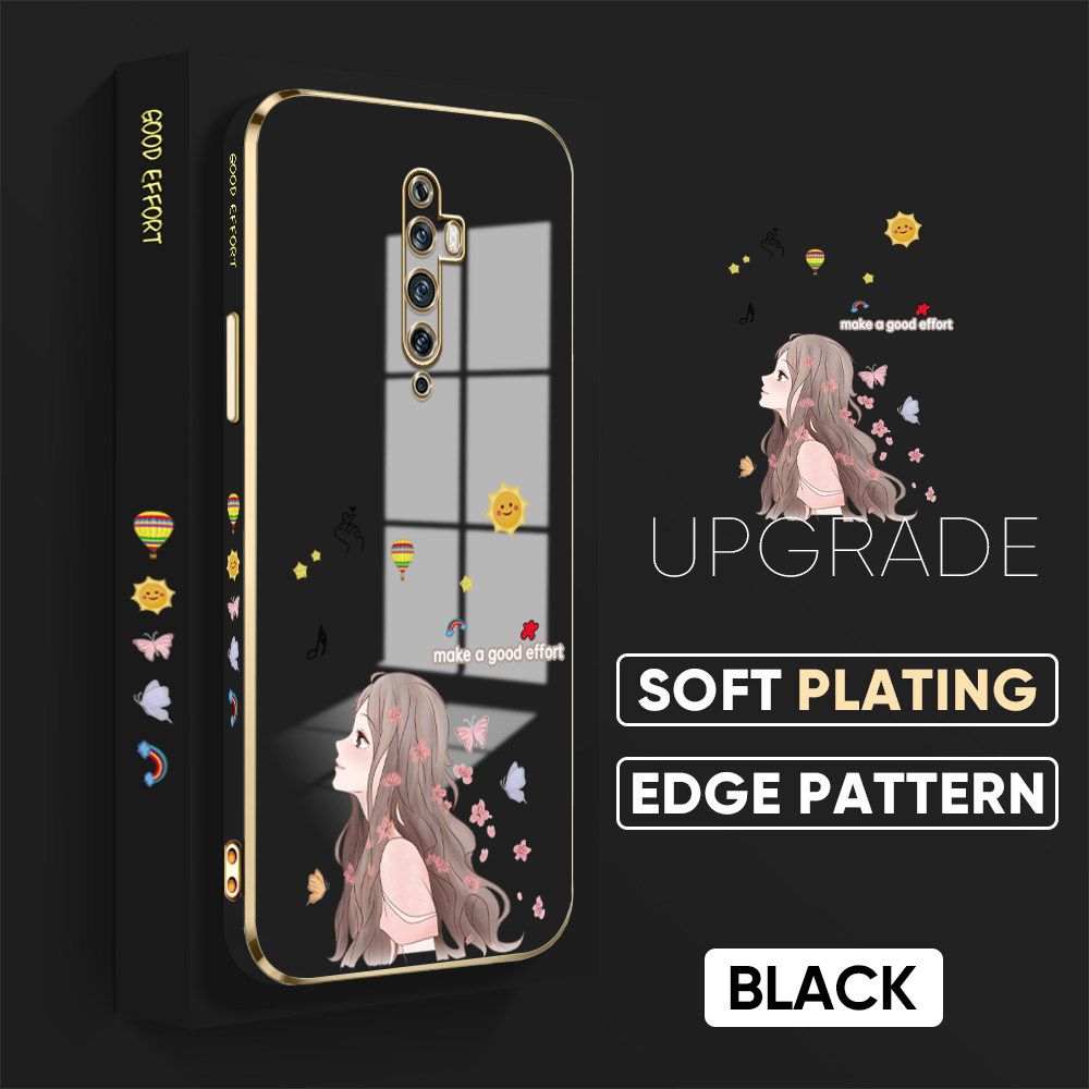 TA for OPPO Reno 2F 2Z Back Cover + Free Lanyard Charming Girl Luxury 6D Plating Case Side Pattern Soft Silicone Square Phone Cases