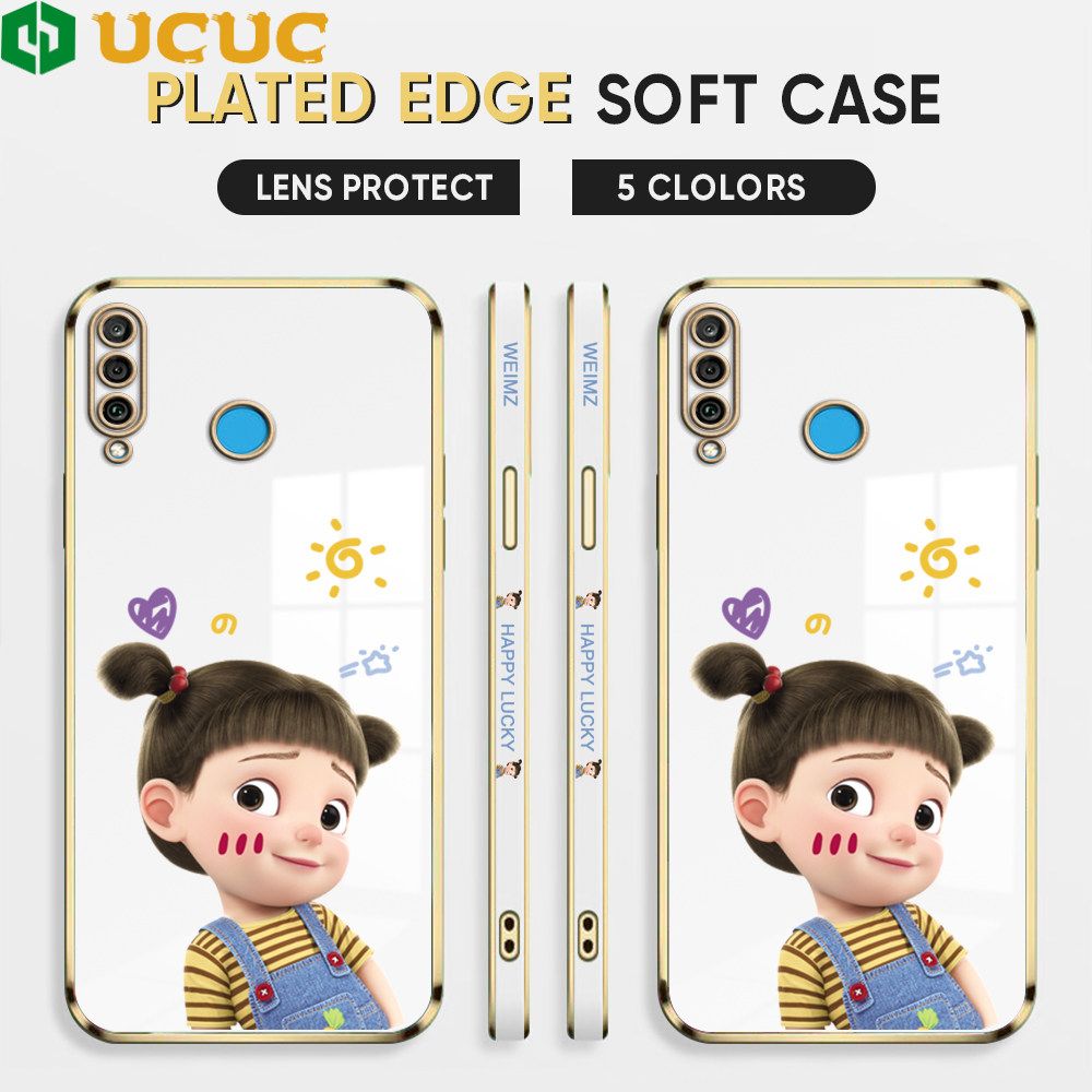 UCUC for Huawei P30 Lite / Nova 4E Back Cover + Free Lanyard Lovely Girl Luxury 6D Plating Case Side Pattern Soft Silicone Square Phone Cases