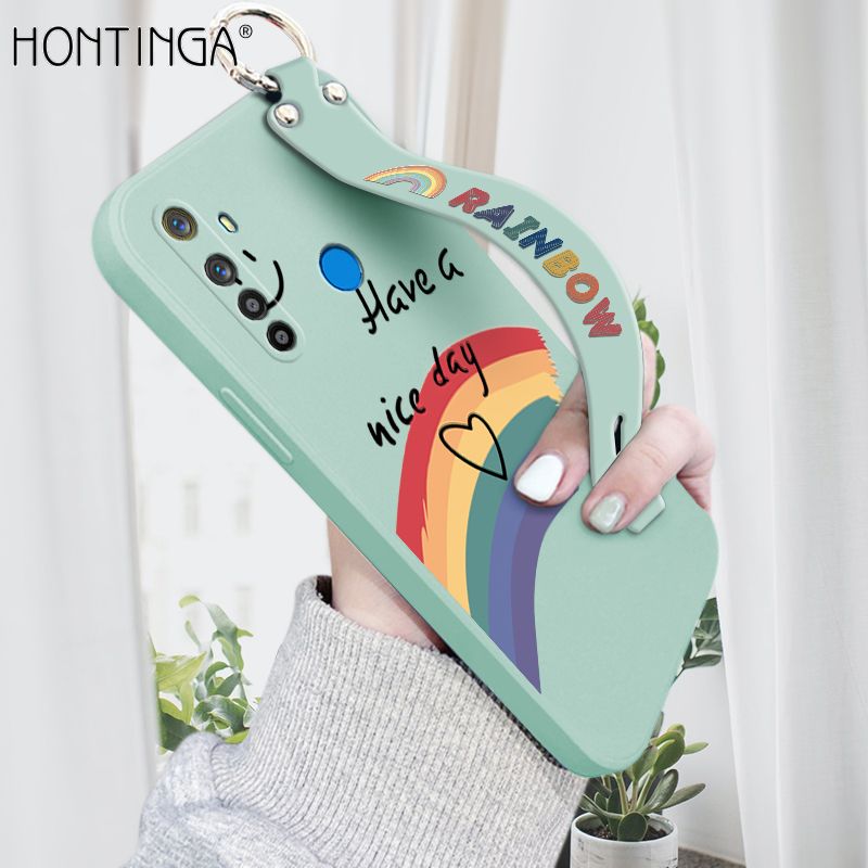 Hontinga for Realme 5i Wrist Strap Case Lovely Graffiti Rainbow Smile Thin Phone Cover Square Edge Liquid Silicone Creativity Phone Case