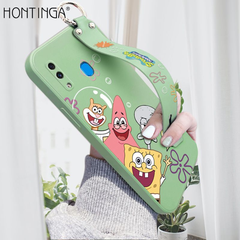 Hontinga for Samsung Galaxy A20 A30 Wrist Strap Case Cute Cute Funny Cartoon Sponge for Square Pants Cover Square Edge Liquid Silicone Anti-drop Phone Case