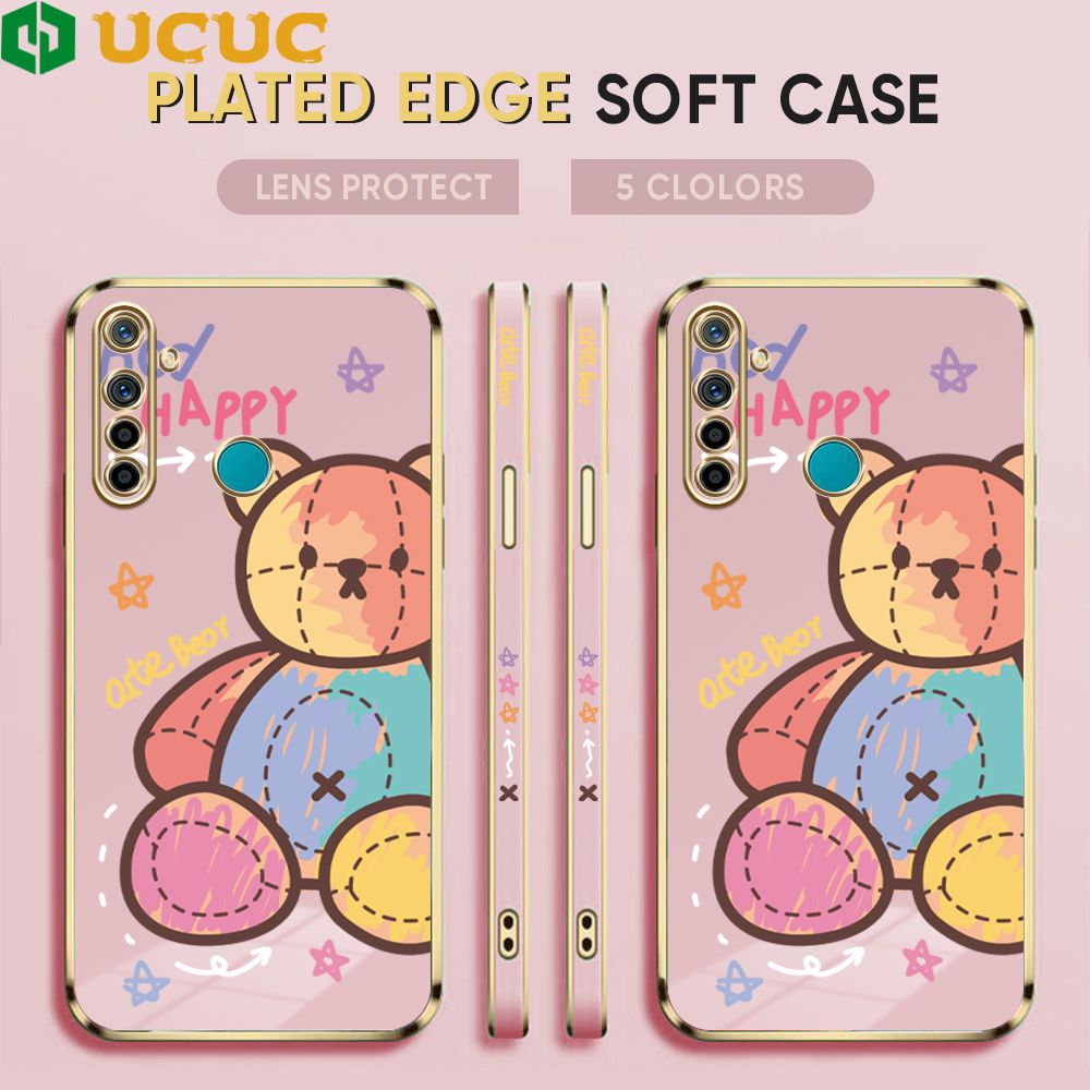 UCUC for Realme 5 5i 5s 6i Back Cover + Free Lanyard Colorful Muppet Bear Luxury 6D Plating Case Side Pattern Soft Silicone Square Phone Cases