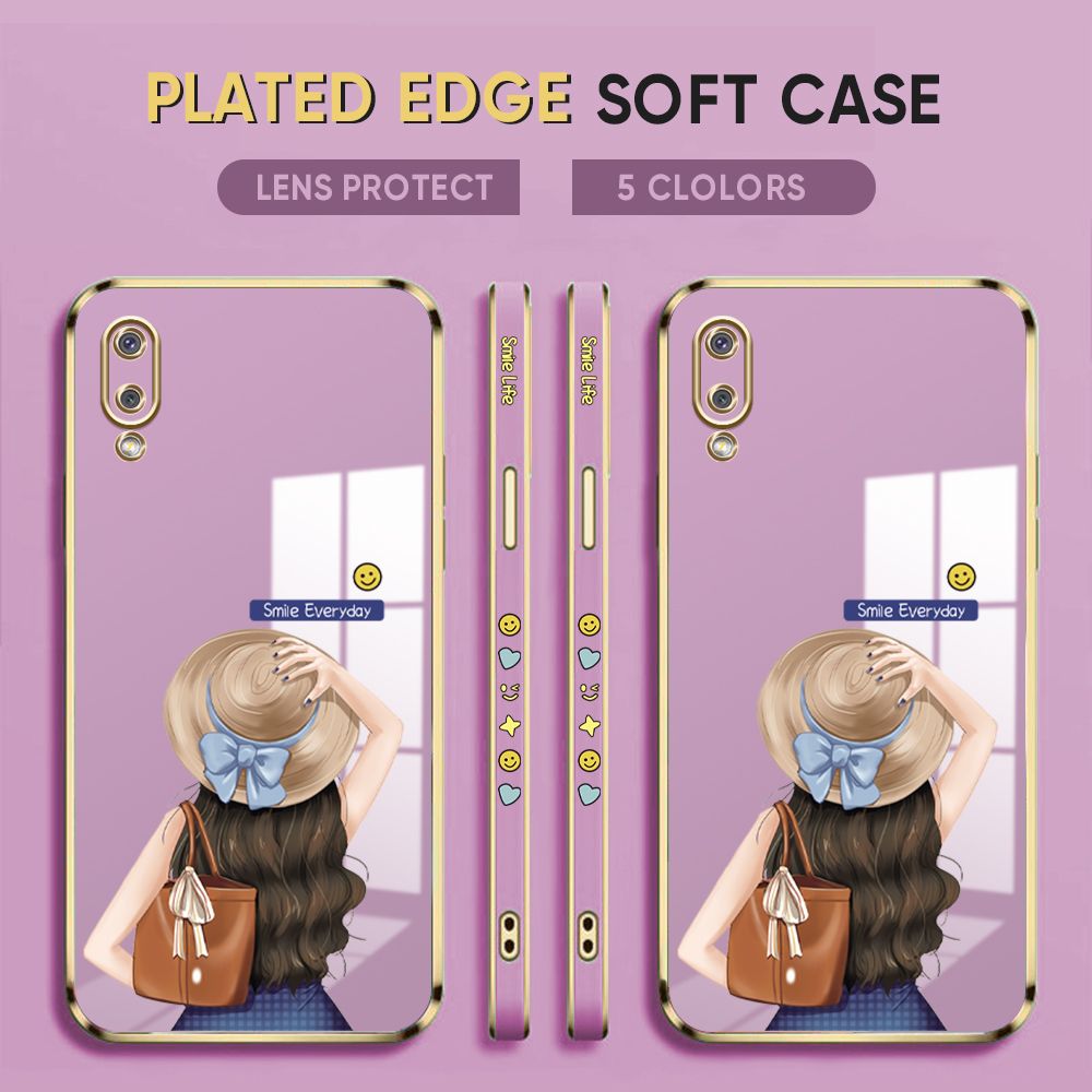Luxury 6D Plating Case for Samsung Galaxy A02 M02 Back Cover Cartoon Hat Girl Side Pattern Soft Silicone Square Phone Cases