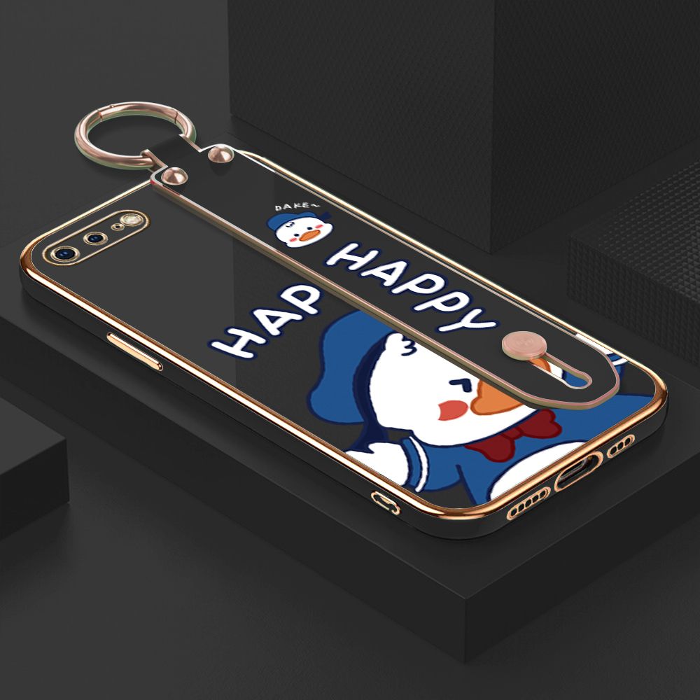 TA for iPhone 7 Plus / 8 Plus Wrist Strap Back Cover Cute Duck Fashion Luxury 6D Plating Soft Casing Silicone Square Frame Phone Case