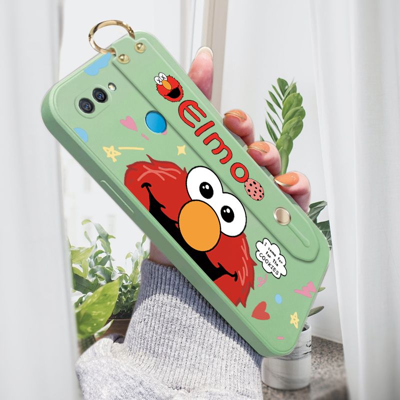 Jizetin for OPPO A12 Wrist Strap Case Creative Cartoon Red Haired Monster Cover Ultra Thin Anti Fall Liquid Silicone Phone Case