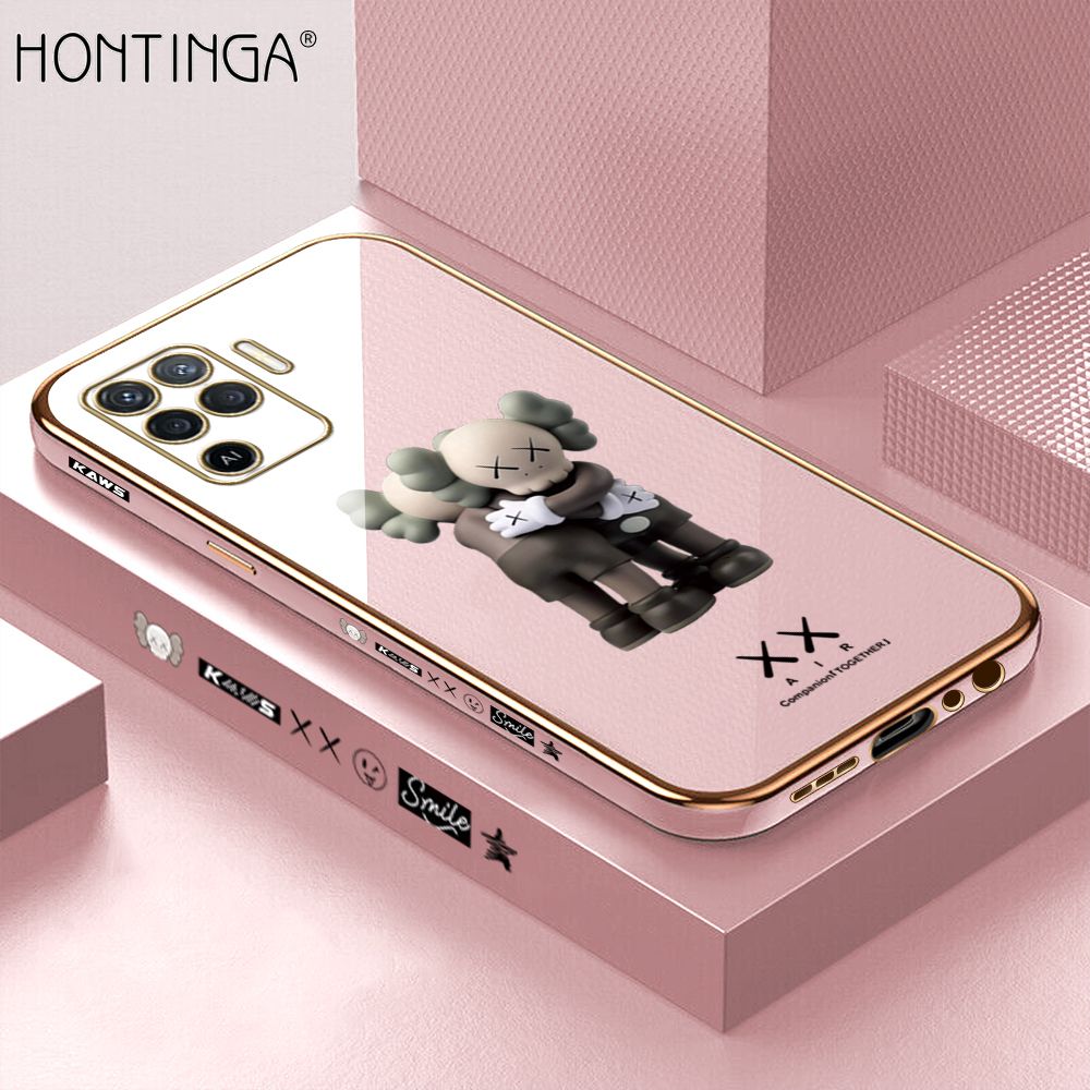 Hontinga for OPPO F19 Pro A94 Reno 5F Back Cover + Free Lanyard Luxury 6D Plating Cartoon Hug bear Side Pattern Case Soft Silicone Square Mobile Cover