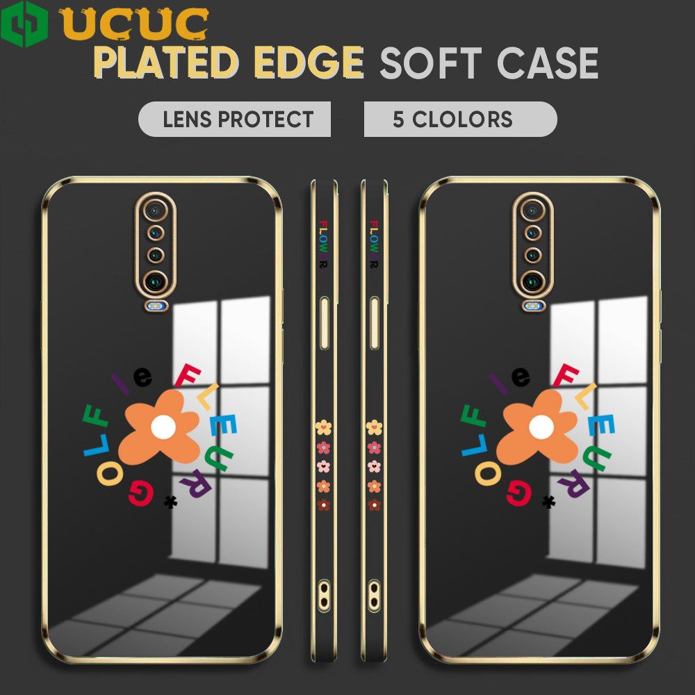 UCUC for Xiaomi Poco X2 / Redmi K30 Back Cover + Free Lanyard Colorful Flower Luxury 6D Plating Case Side Pattern Soft Silicone Square Phone Cases