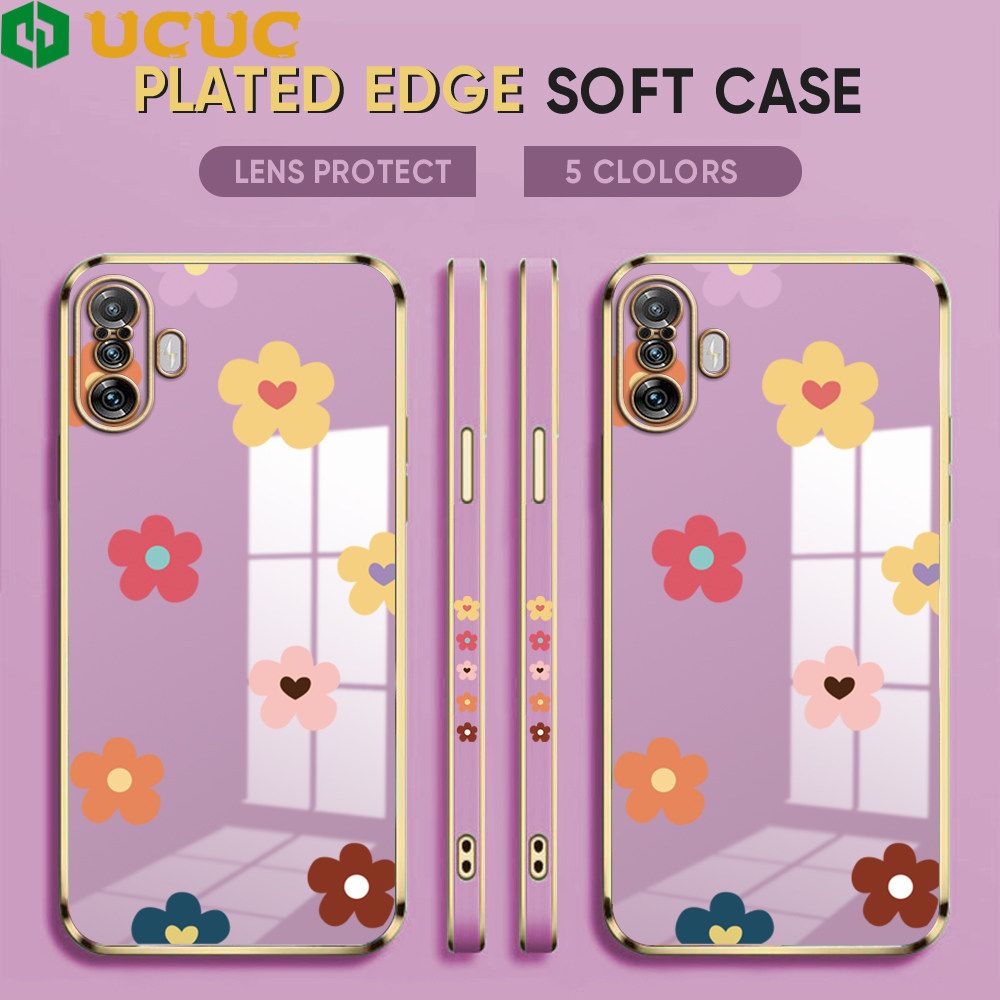 UCUC for Redmi K40 Gaming / Xiaomi Poco F3 GT Back Cover + Free Lanyard INS Style Flower Luxury 6D Plating Case Side Pattern Soft Silicone Square Phone Cases