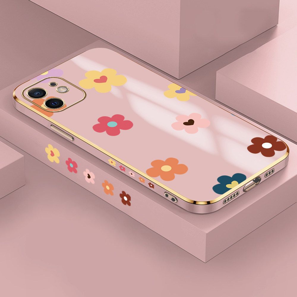 Jizetin (Free Lanyard) iPhone 12 Mini Case INS Style Flower Luxury 6D Plating Soft Casing Silicone Ultra Thin Phone Cover