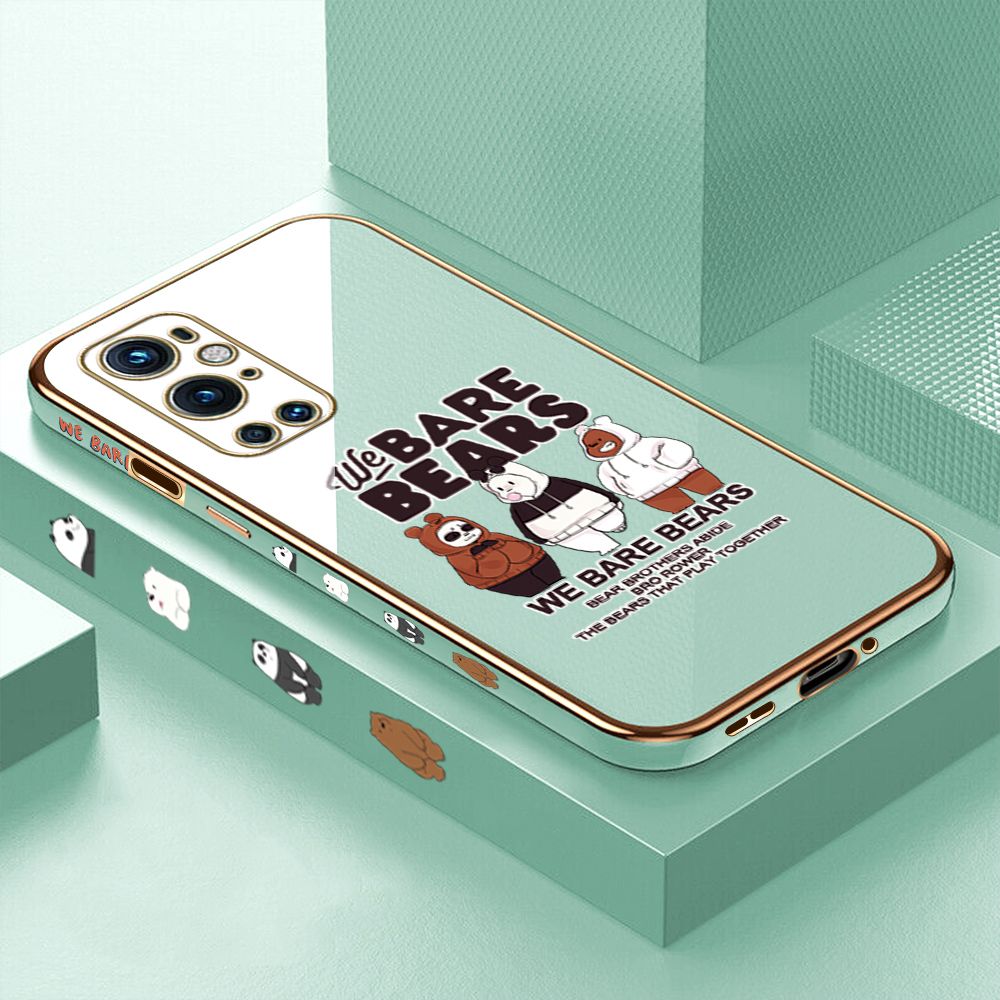 Luxury 6D Plating Case for OnePlus 9 Pro Three Little Bears Side Pattern Back Cover Soft Silicone Square Phone Cases + Free Lanyard