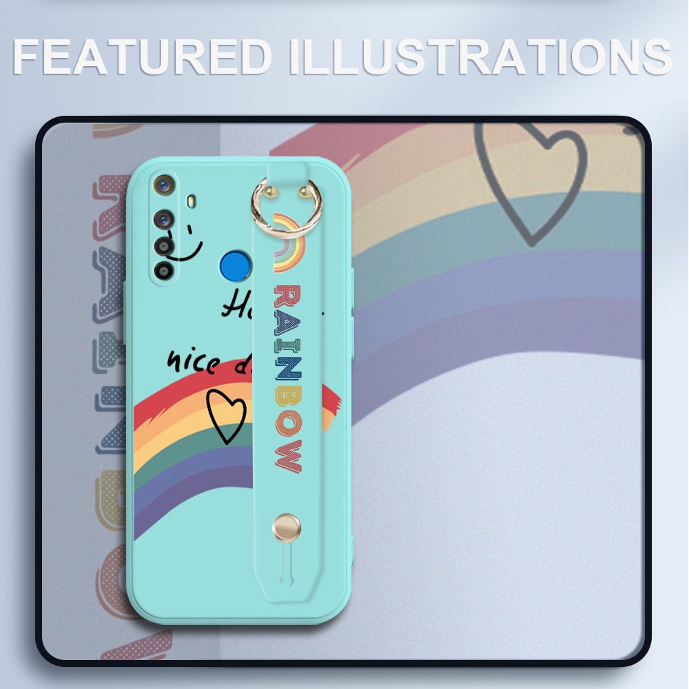 UCUC for Realme 5i Wrist Strap Case INS Style Smile Rainbow Cover Ultra Thin Anti Fall Liquid Silicone Phone Case