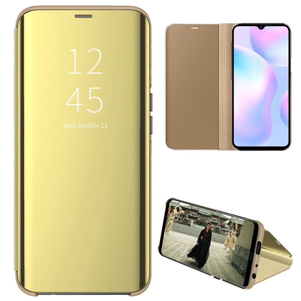 For Xiaomi Redmi 9A Mirror Plating Hard PC -PU Leather Translucent Standing View Case Cover