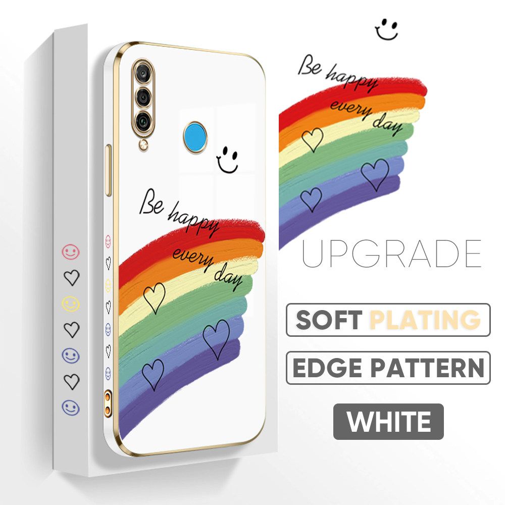 TA for Huawei P30 Lite / Nova 4E Back Cover + Free Lanyard Rainbow Doodle Luxury 6D Plating Case Side Pattern Soft Silicone Square Phone Cases
