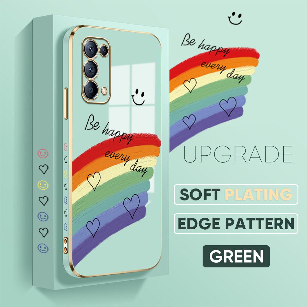 TA for OPPO Reno5 4G / 5G Back Cover + Free Lanyard Rainbow Doodle Luxury 6D Plating Case Side Pattern Soft Silicone Square Phone Cases