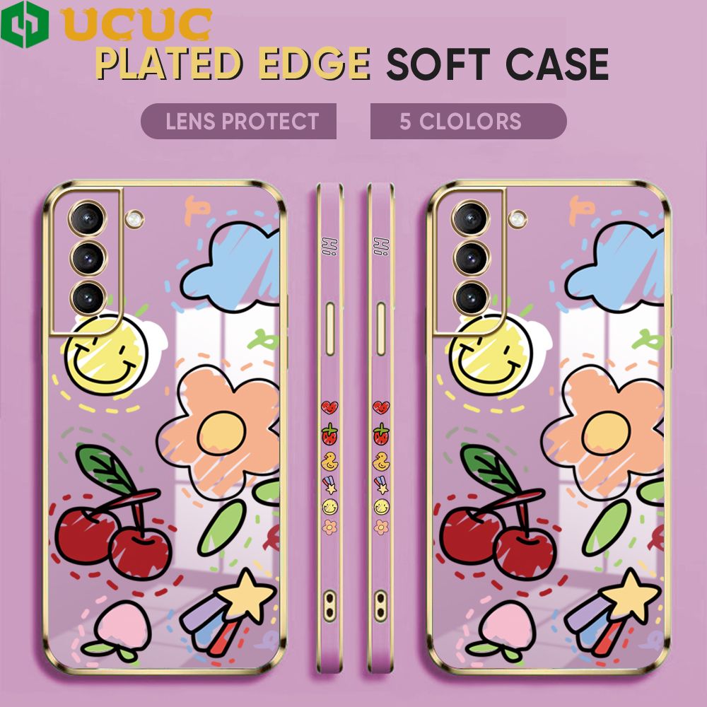 UCUC for Samsung Galaxy S21 Plus 5G Cover Fruit Doodle Luxury 6D Plating Soft Casing Silicone Square Frame Phone Case Shiny Bling Back Cover + Free Lanyard