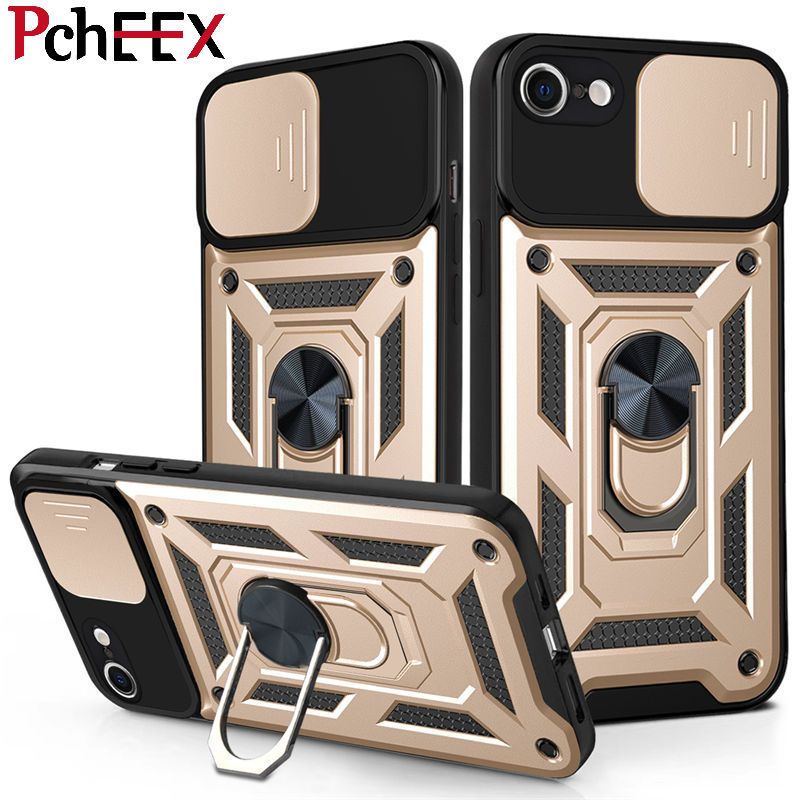 For iPhone 7 Plus Phone Case, iPhone 8 Plus Phone Case, Military-Grade Push Window Cover Ring Stand Hard Anti-Fall Casing