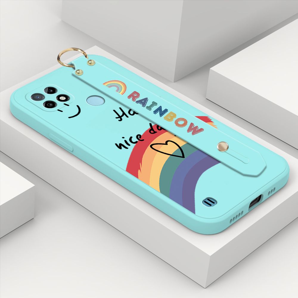ZeroQiQi for Realme C21 Wrist Strap Case Lovely Graffiti Rainbow Smile Thin Phone Cover Square Edge Liquid Silicone Creativity Phone Case