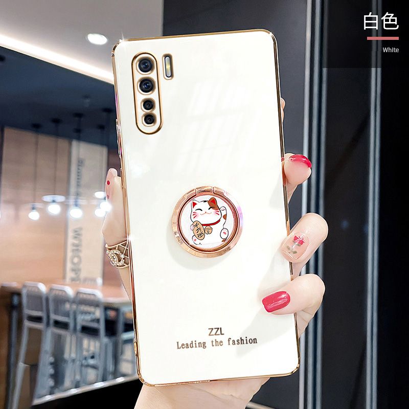 For OPPO F15 Cover + Ring Holder Stand Shiny Plating Square Bumper Phone Case Lens Protection Soft Silicone Shockproof Protective Back Cover