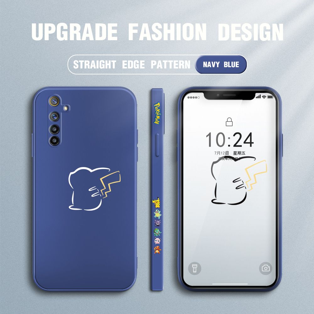 Jizetin for Realme 6 Pro Case New Pikachu Pokémon Design Side Design Phone Case Square Edge Pattern Liquid Silicone Cases Full Cover Camera Soft Protection Case