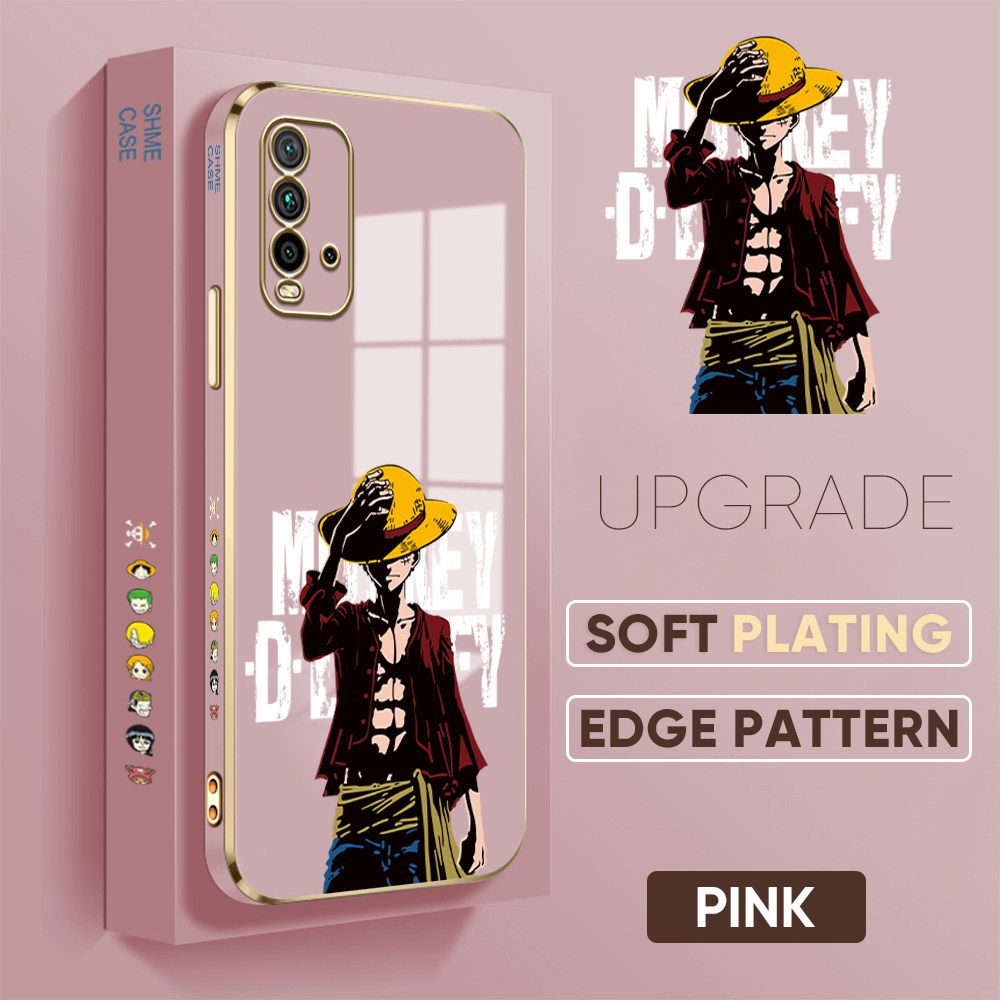 TA for Redmi 9 Power / Redmi 9T Back Cover + Free Lanyard Handsome Luffy Luxury 6D Plating Case Side Pattern Soft Silicone Square Phone Cases