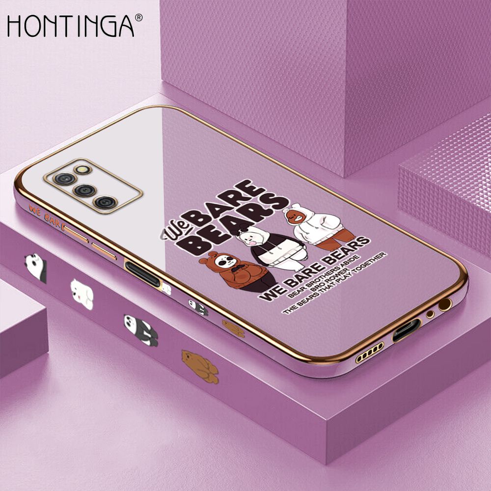Hontinga for Samsung A03S Back Cover + Free Lanyard Luxury 6D Plating Cute Three Bears Side Pattern Case Soft Silicone Square Mobile Cover