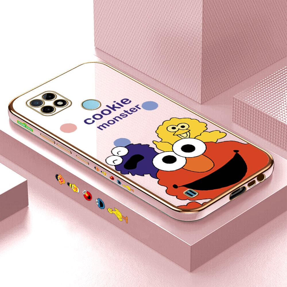 Luxury 6D Plating Case for Realme C21Y Three Little Monsters Side Pattern Back Cover Soft Silicone Square Phone Cases + Free Lanyard