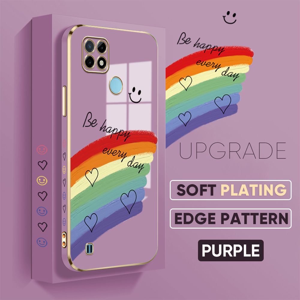 TA for Realme C25Y / Realme C21Y Back Cover + Free Lanyard Rainbow Doodle Luxury 6D Plating Case Side Pattern Soft Silicone Square Phone Cases