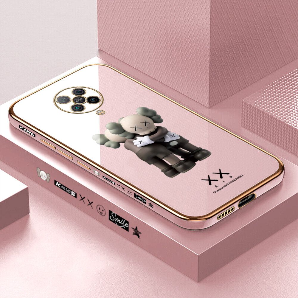 Luxury 6D Plating Case for Redmi K30 Pro ZooM Embrace Cartoon Bear Side Pattern Back Cover Soft Silicone Square Frame Shiny Bling Phone Cases + Free Lanyard
