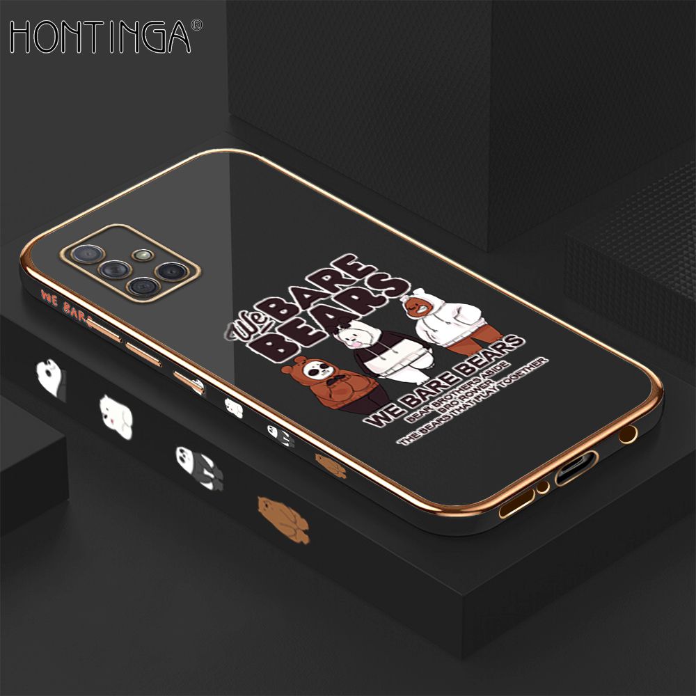 Hontinga for Samsung A71 4G Back Cover + Free Lanyard Luxury 6D Plating Cute Three Bears Side Pattern Case Soft Silicone Square Mobile Cover
