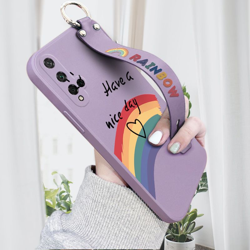 Hontinga for Honor 20 / Nova 5T Wrist Strap Case Lovely Graffiti Rainbow Smile Thin Phone Cover Square Edge Liquid Silicone Creativity Phone Case