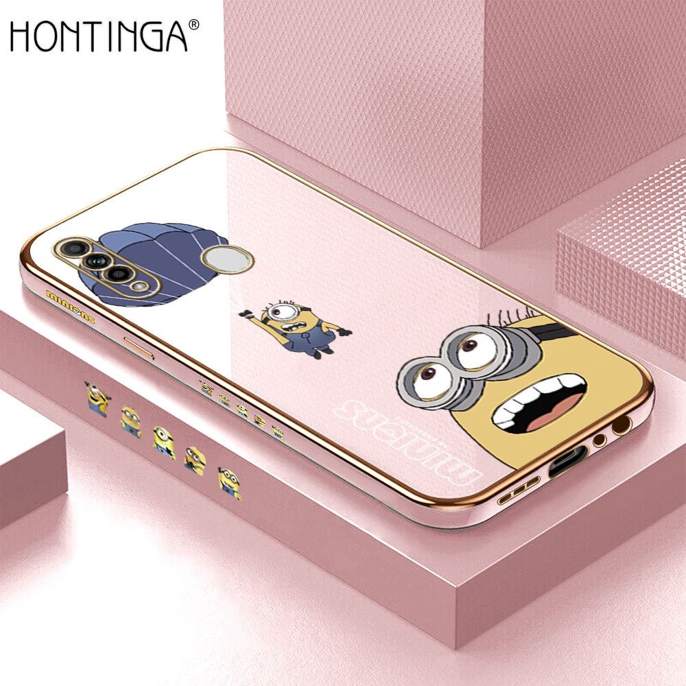 Hontinga for OPPO A31 2020 Back Cover + Free Lanyard Luxury 6D Plating Yellow Cartoon Character Pattern Case Soft Silicone Square Phone Cases