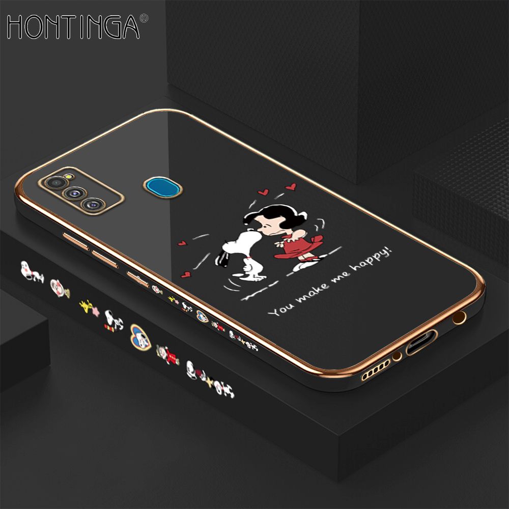 Hontinga for Samsung M21 M30S Back Cover + Free Lanyard Luxury 6D Plating Happy Puppy and Girl Side Pattern Case Soft Silicone Square Mobile Cover