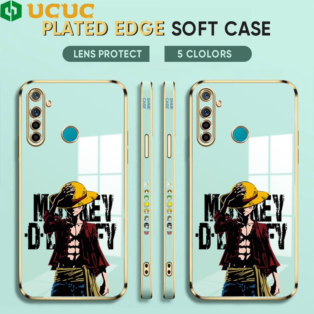 UCUC for Realme 6I Cover Holding Cap Luffy Luxury 6D Plating Soft Casing Silicone Square Frame Phone Case Shiny Bling Back Cover + Free Lanyard