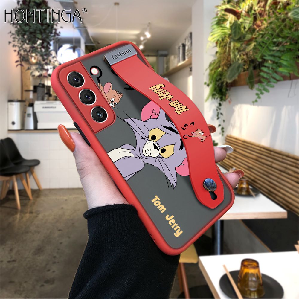 Hontinga for Samsung S22 5G Back Cover With Wristband Popular Cartoon Pattern Phone Casee Full Lens Protection Thin Frosted Cases