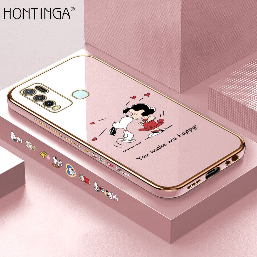 Hontinga for Vivo Y50 Y30 Y30I Case Luxury 6D Plating Soft Casing Silicone Square Frame Phone Cases Shiny Bling Side Print Happy Puppy and Girl Phone Cover