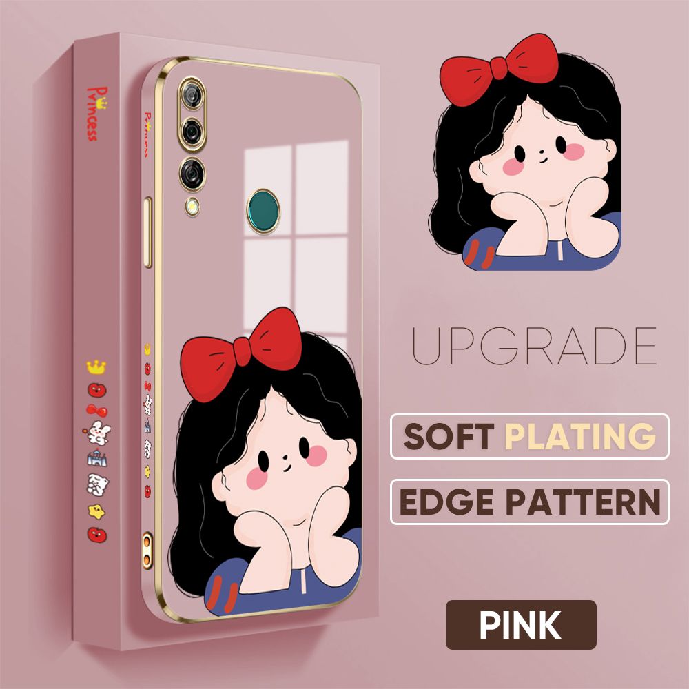 Jizetin (Free Lanyard) Huawei Y9 Prime 2019 Cover Bow Girl Luxury 6D Plating Soft Casing Silicone Square Frame Phone Case Shiny Bling Back Cover