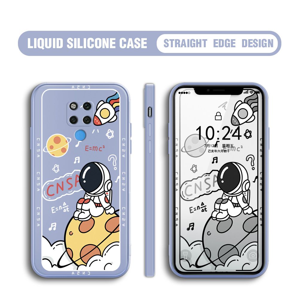 BILI for Huawei Mate 20 X Back Cover Little Astronaut Sit In Planet Multicolor Liquid Silicone Phone Case Soft Square Lens Protection Phone Cases